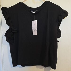 Zara Elegant Black Ruffle Sleeve Blouse Size Medium